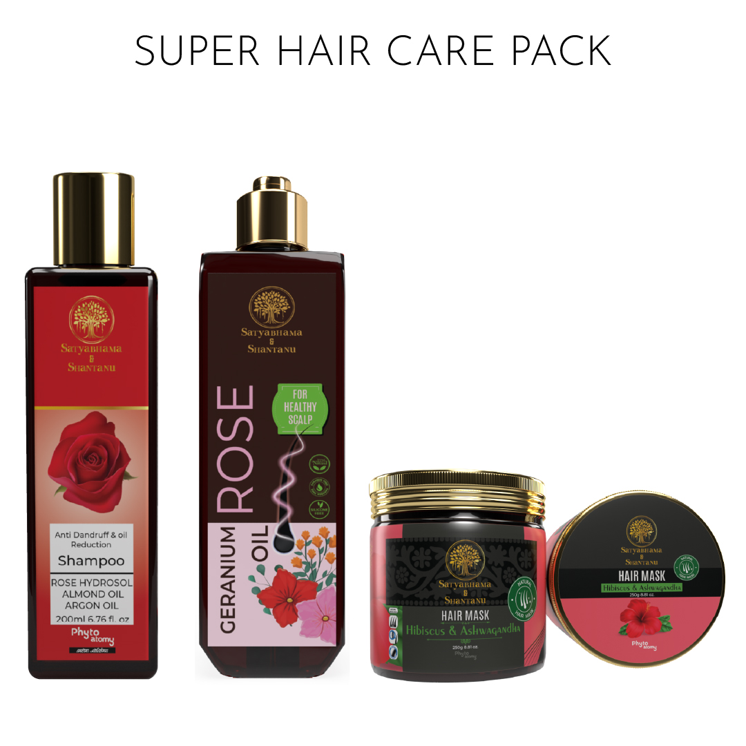 Rose Hydrosol Shampoo (200 ml) + Hibiscus & Ashwagandha Hair Mask (250 g) + Geranium Rose Hair Oil (200 ml)